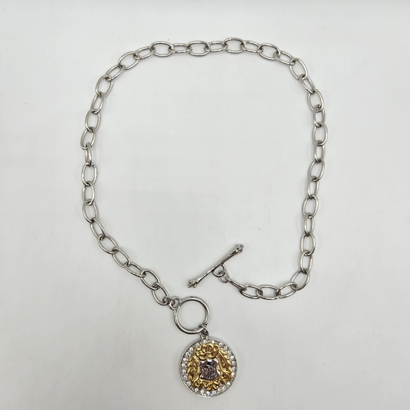 Juicy Couture Pendant Necklace Y2K Coat Of Arms Rhinestone Silvertone Goldtone - Picture 2 of 6